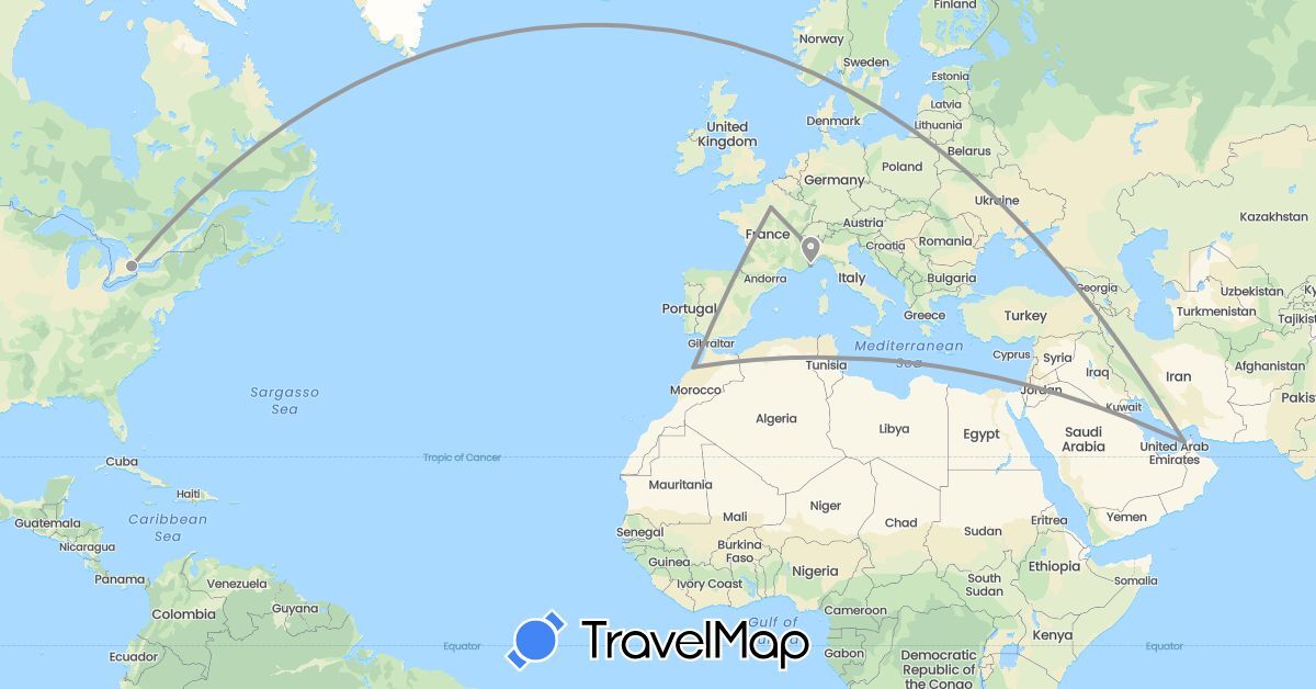TravelMap itinerary: driving, plane in United Arab Emirates, Canada, Switzerland, France, Morocco, Monaco (Africa, Asia, Europe, North America)